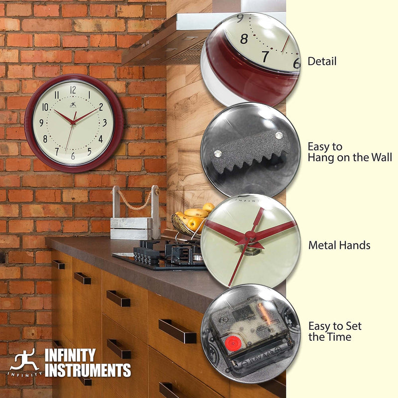 Infinity Instruments Round Retro Red Wall Clock, Aluminum, 12" (10940RD-12)