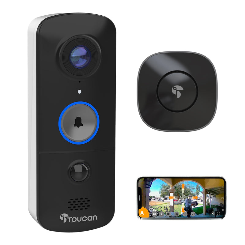 Toucan V3 Wireless Battery Operated Video Doorbell, Chime,  Night Vision, Wi-Fi, IP56 Weather Resistant, Black