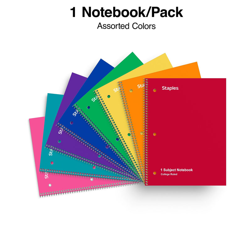 Staples® Poly 1-Subject Notebook, 8" x 10.5", College Ruled, 70 Sheets, Assorted Colors (ST54894C)