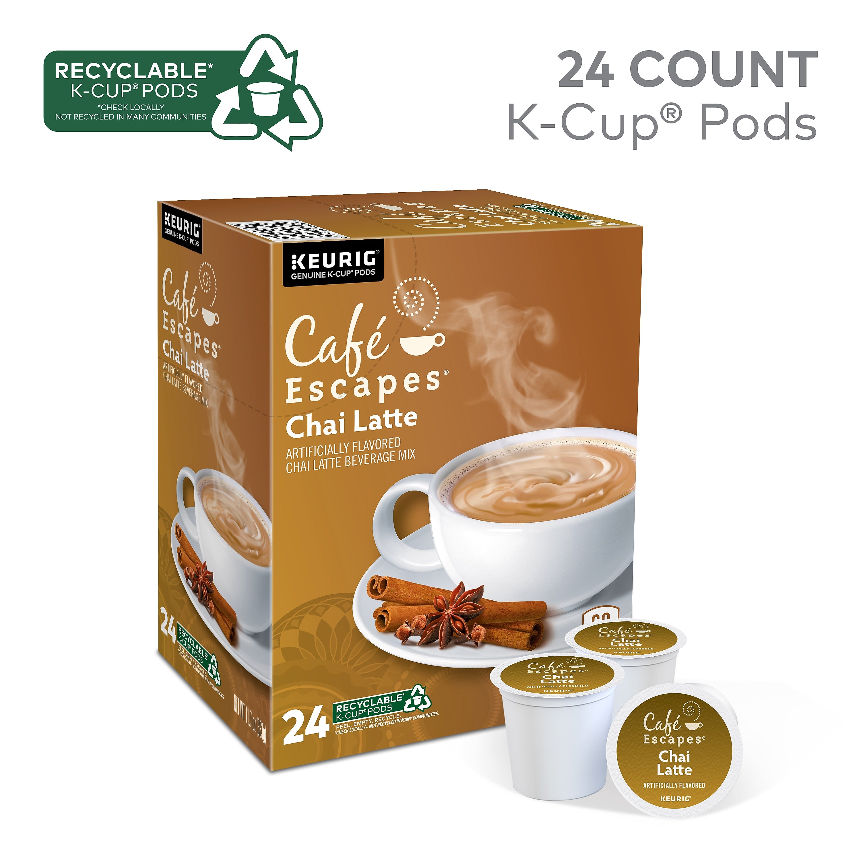 Cafe Escapes Chai Latte Coffee, Keurig® K-Cup® Pods, Light Roast, 24/Box (6805)