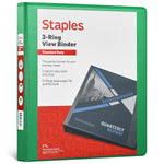 Staples 1" 3-Ring View Binders, D-Ring, Green (58656)