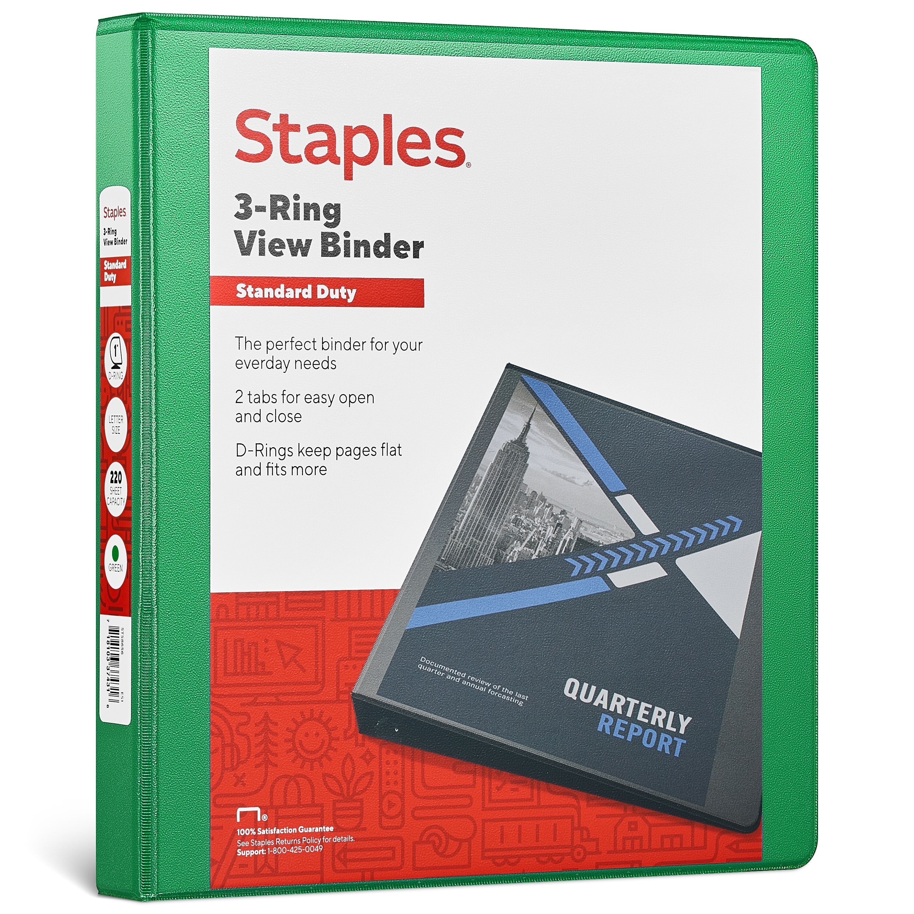 Staples 1" 3-Ring View Binders, D-Ring, Green (58656)