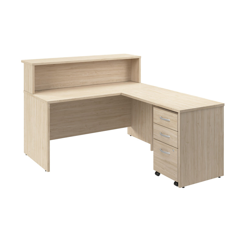 Bush Business Furniture Arrive 60"W L Shaped Reception Desk with Shelf and Mobile File Cabinet, Natural Elm (ARV004NE)