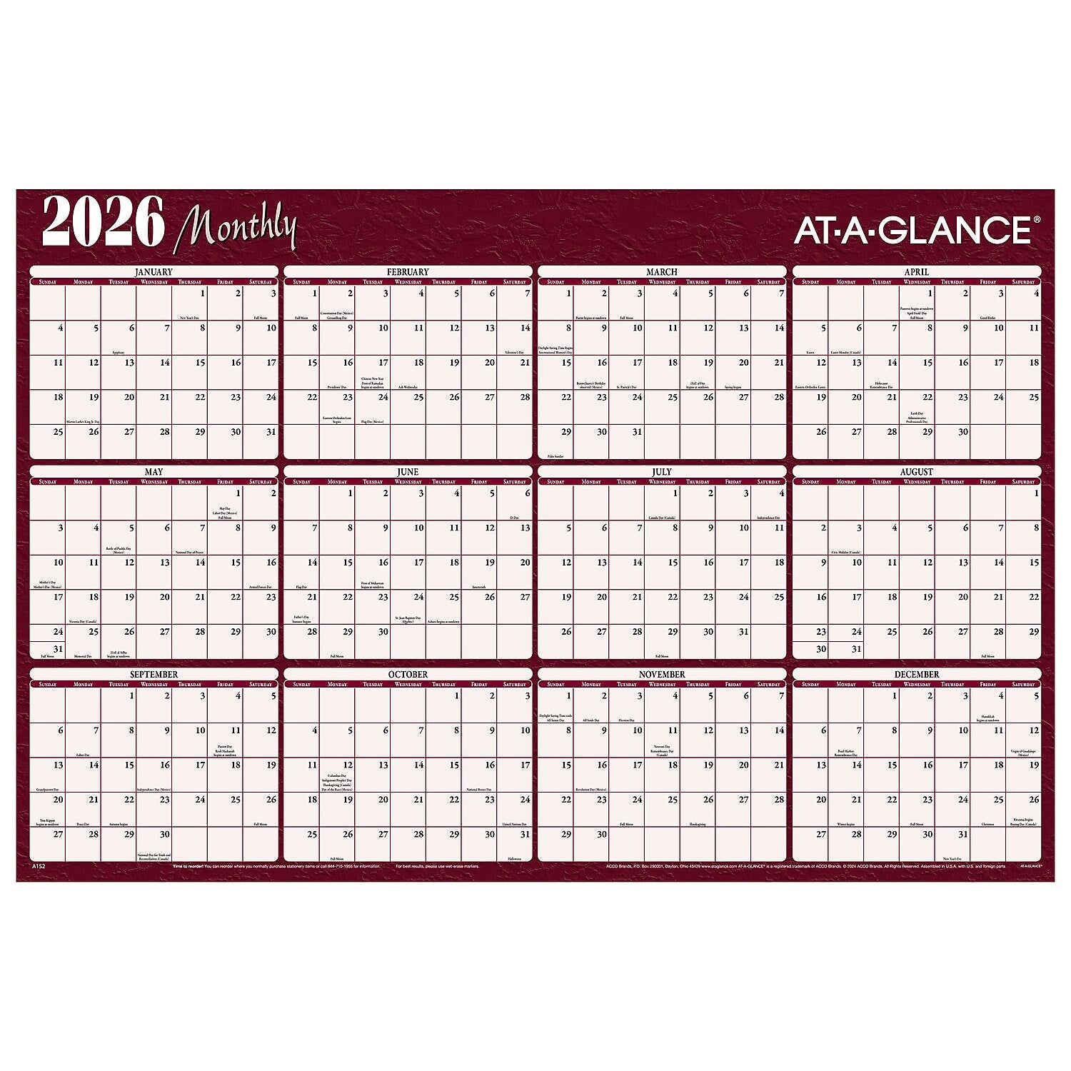 2026 AT-A-GLANCE 48" x 32" Yearly Dry Erase Wall Calendar, Reversible, Red/Blue (A152-26)