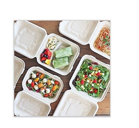 World Centric Fiber Hinged Containers, 3-Compartment, 9.3" x 9" x 3.3", Natural, Paper, 300/Carton (WORTOSCU9TLFP)
