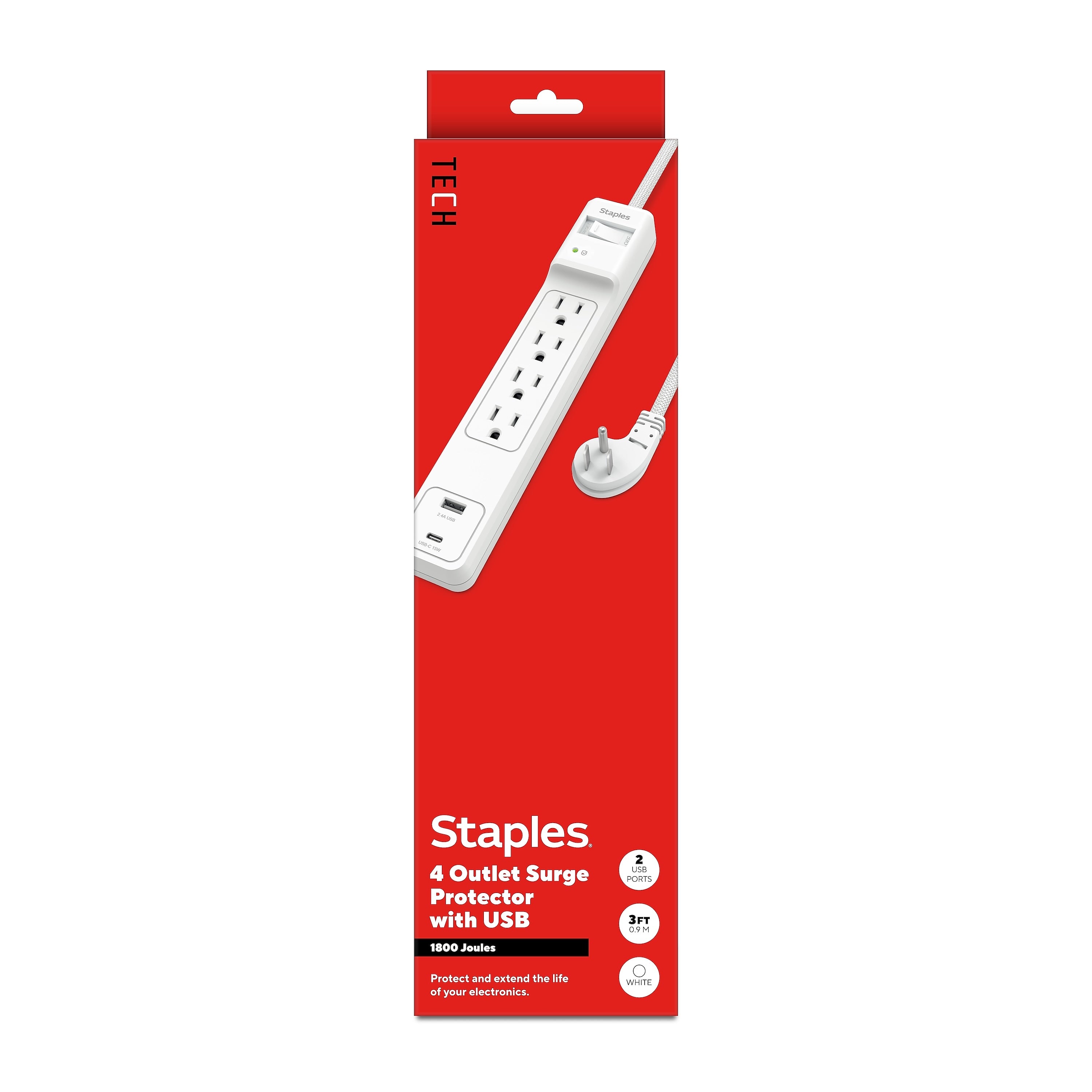 Staples TECH 4-Outlet 2-USB Port Surge Protector, 3', 1800 Joules, White (ST62773)
