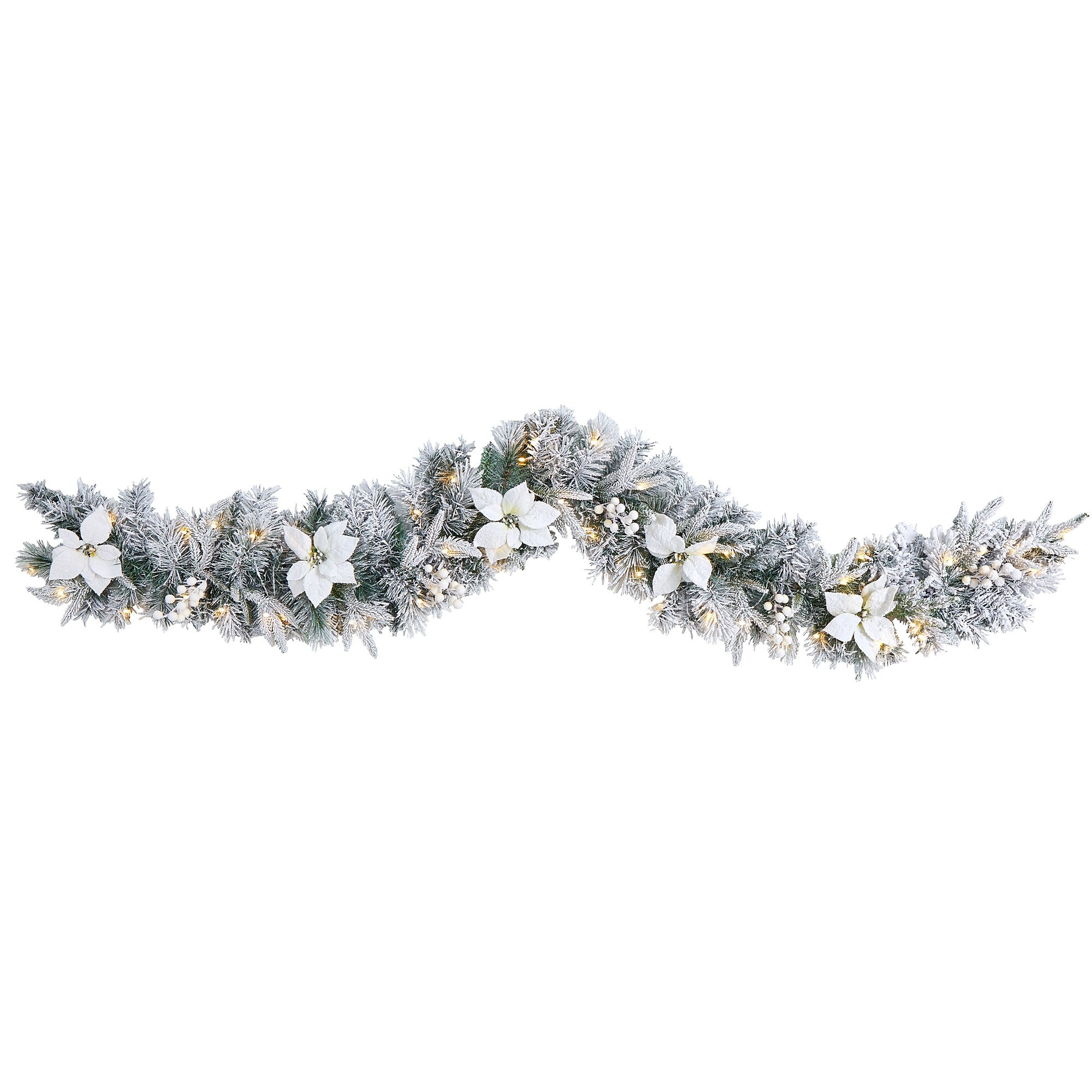Nearly Natural 6-ft Flocked Poinsettia and Berry Artificial Christmas Garland with 50 Warm White LED Lights (W1312)