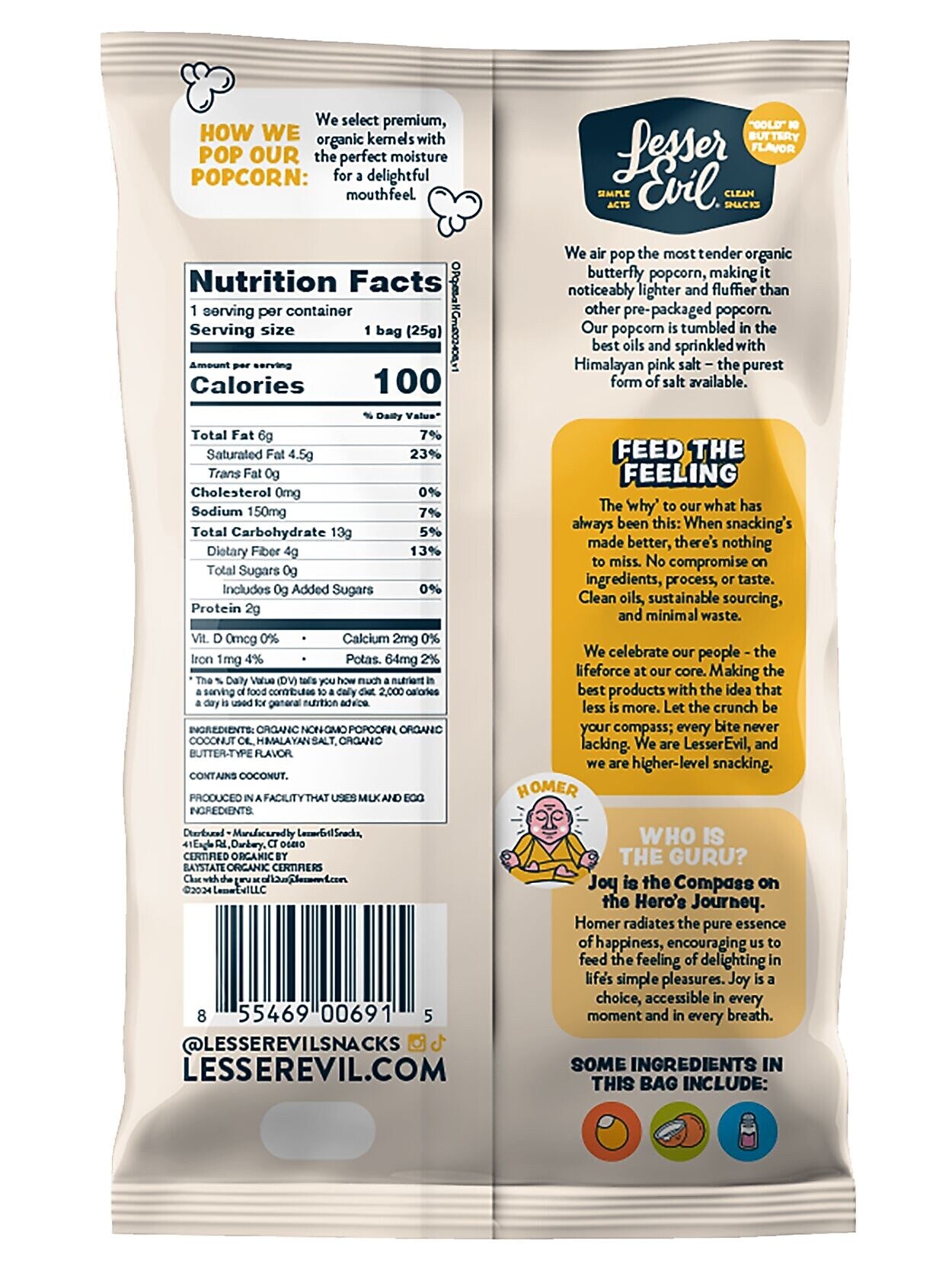 Lesser Evil Snack Organic Himalayan Gold Popcorn, 0.88 oz., 18 Bags/Carton (LSN00691)