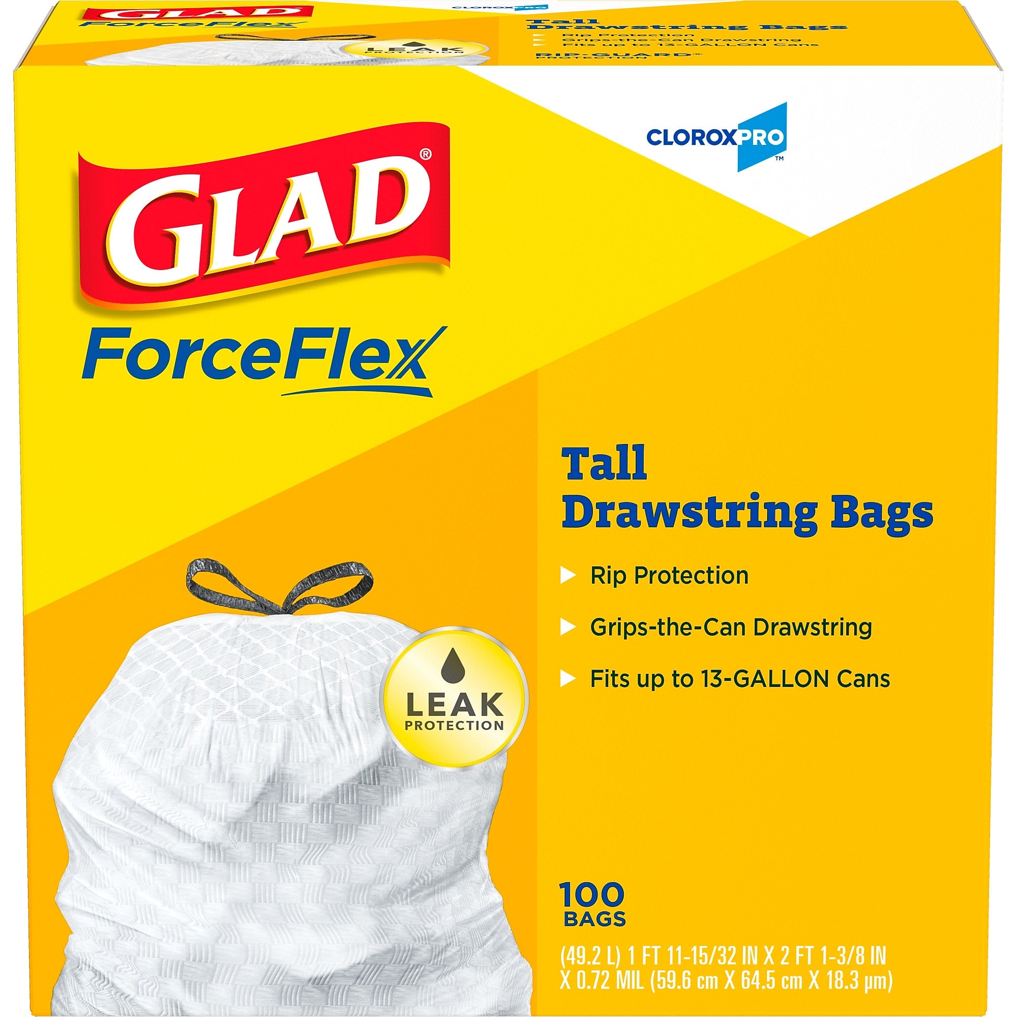 Glad 13 Gallon Trash Bag, 8.5"x8.5", Low Density, .72 mil, White, 100 Bags/Box (CLO 78526)