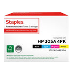 Staples Remanufactured Black/Cyan/Magenta/Yellow Standard Toner Replacement for HP 305A (TRCE410A4PKDS/STCE410A4PKDS), 4/Pack