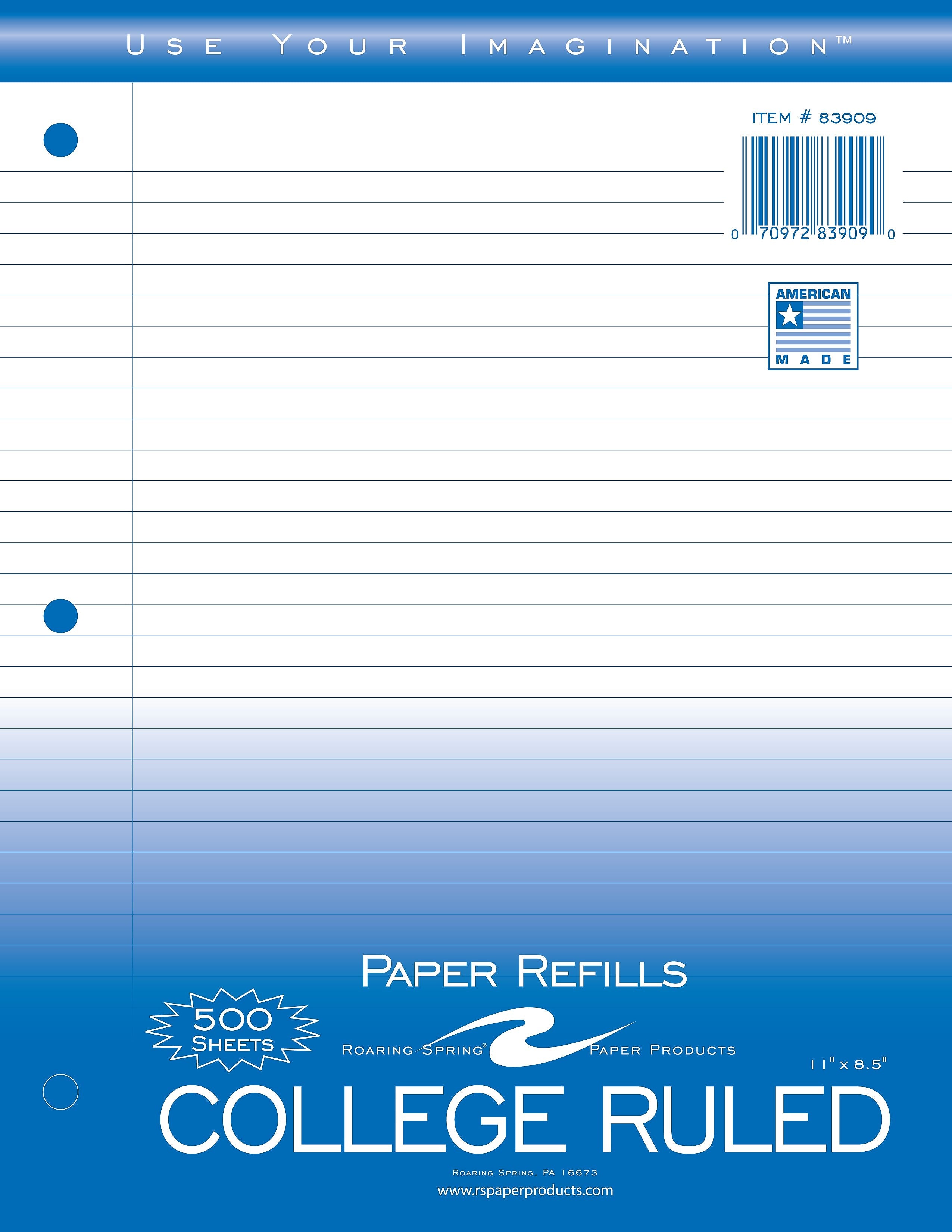 Roaring Spring Paper Products College Ruled Filler Paper, 8.5" x 11", 3-Hole Punched, 500 Sheets/Pack (83909)