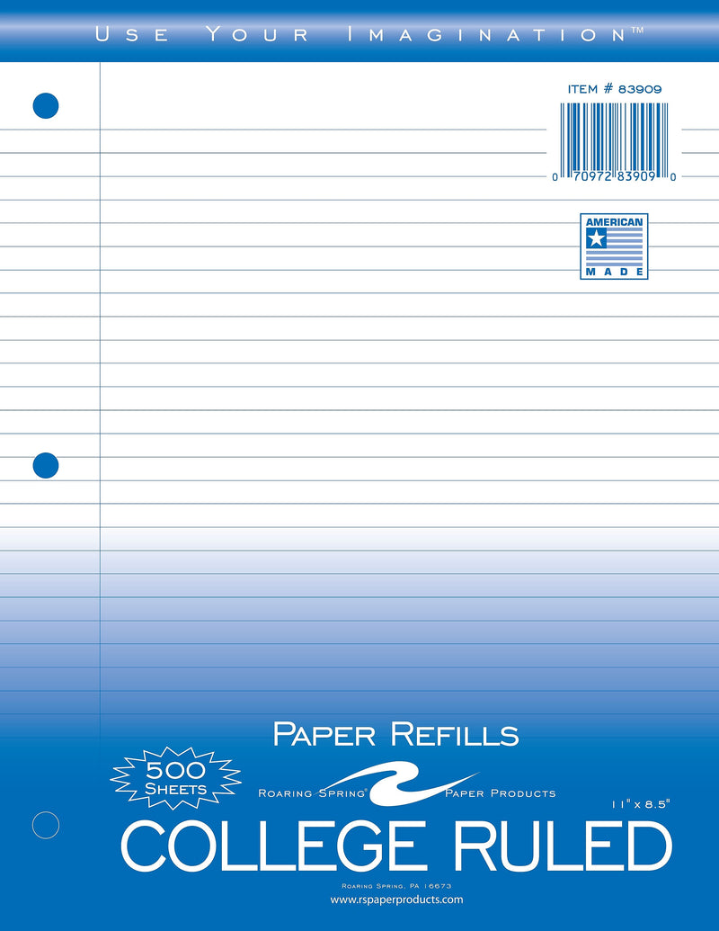 Roaring Spring Paper Products College Ruled Filler Paper, 8.5" x 11", 3-Hole Punched, 500 Sheets/Pack (83909)