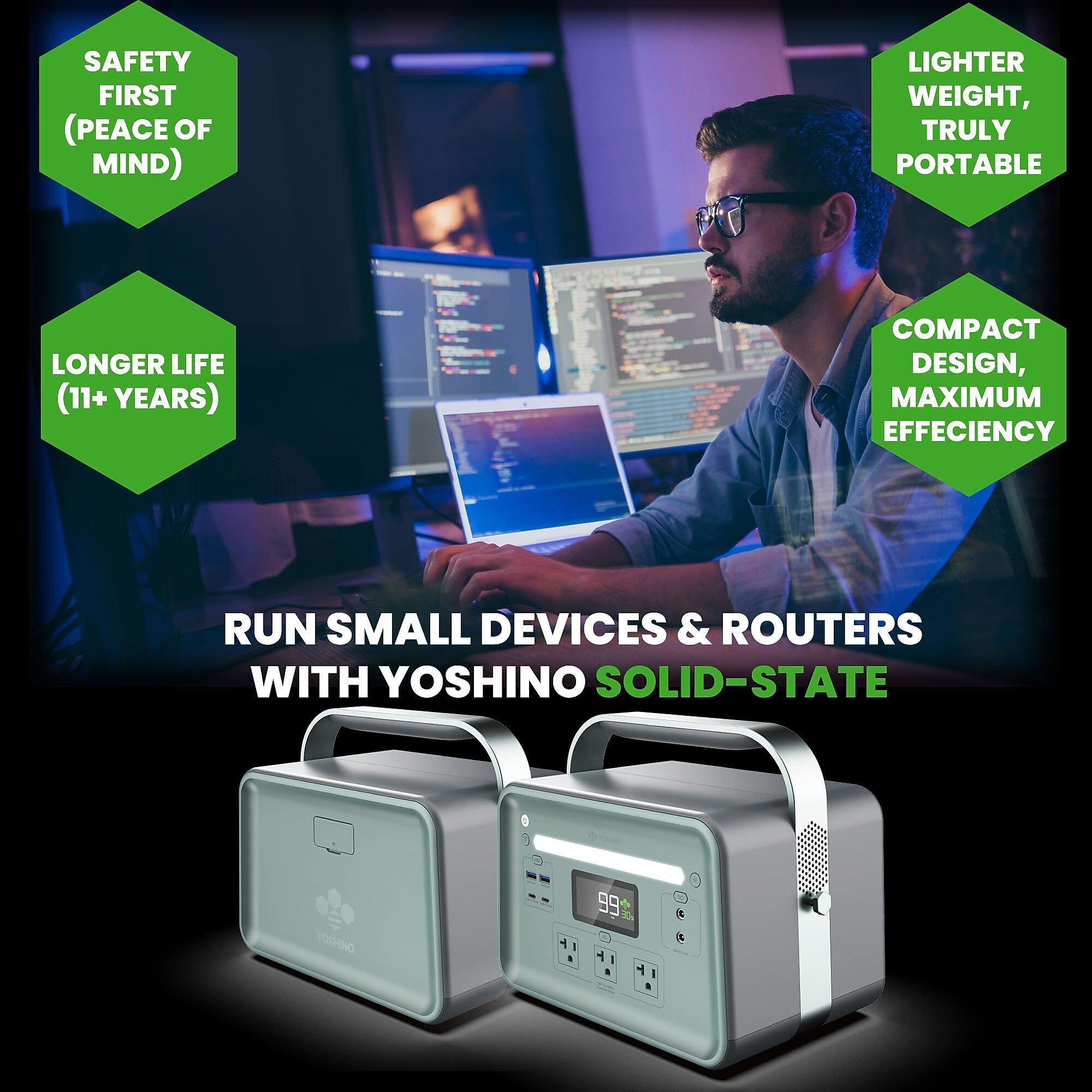 Yoshino B660 SST 9-Port Solid-State Power Station 602Wh, 660W Output/900W Peak Emergency Backup Battery Bank, Pure Sine Wave