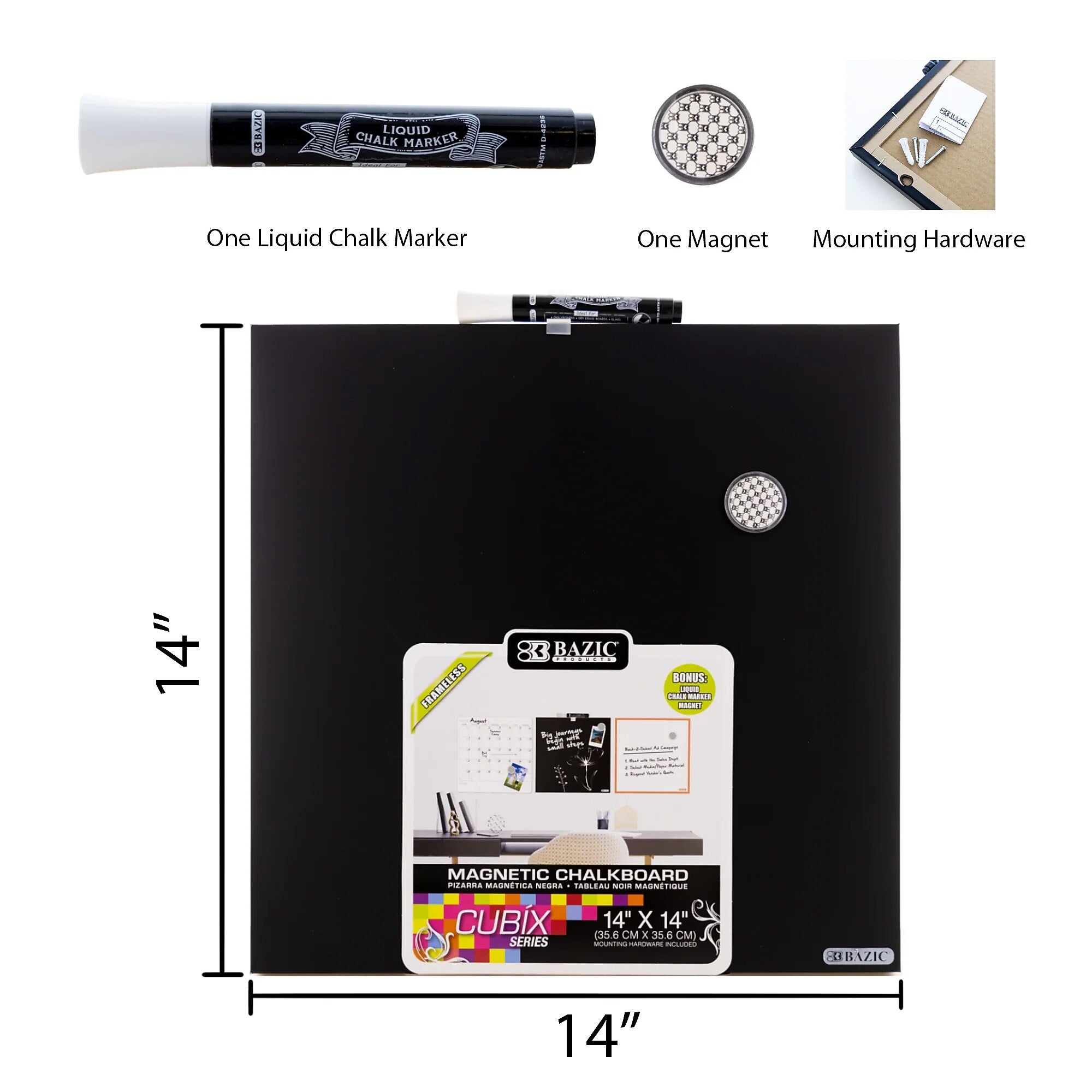 BAZIC Products CUBIX Frameless Magnetic Chalkboard, 14" x 14", Chalk Marker & Magnet (BAZ6049)