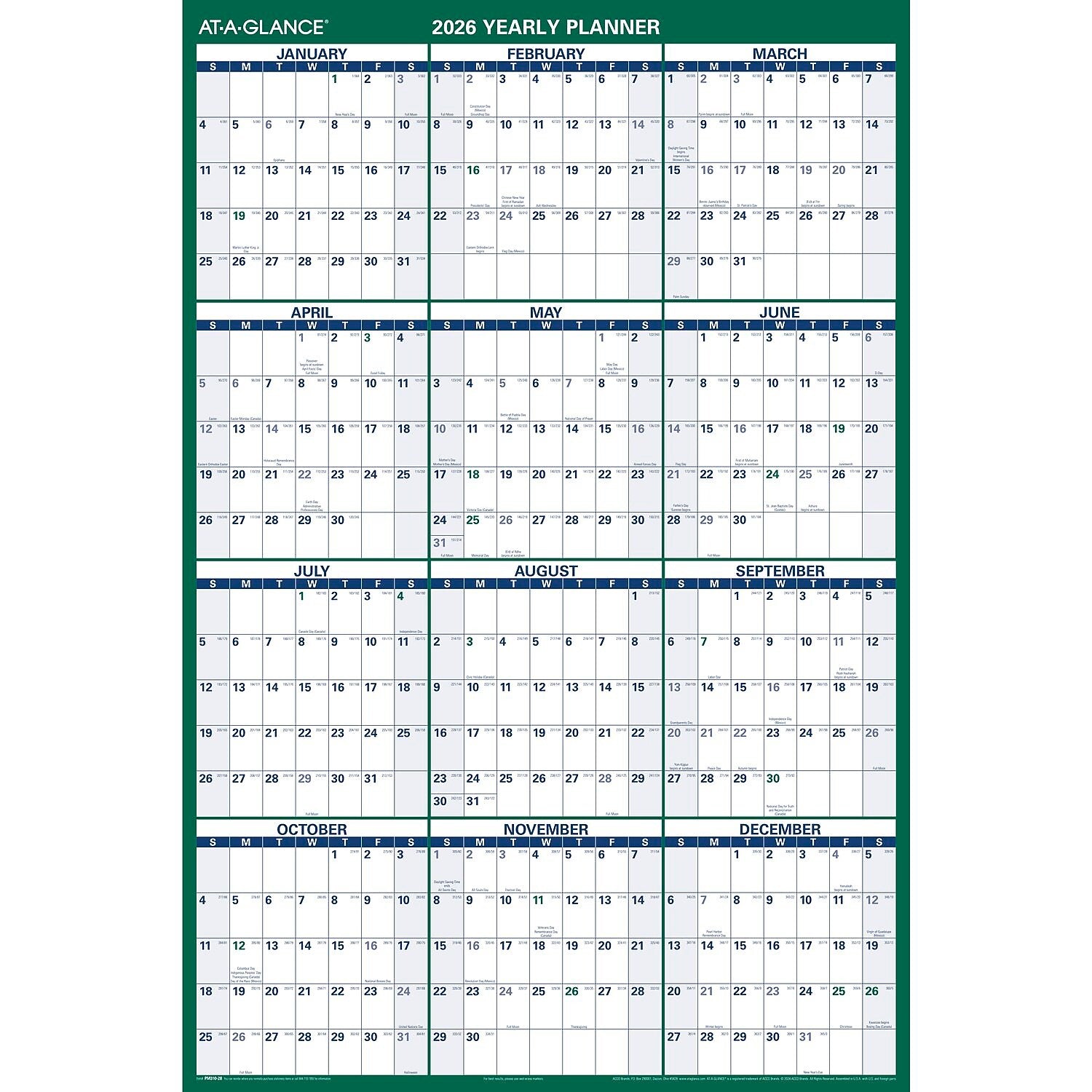 2026 AT-A-GLANCE 32" x 48" Yearly Dry Erase Wall Calendar, Reversible, White/Green (PM310-28-26)
