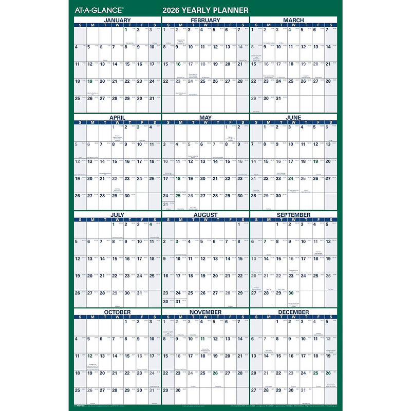 2026 AT-A-GLANCE 32" x 48" Yearly Dry Erase Wall Calendar, Reversible, White/Green (PM310-28-26)