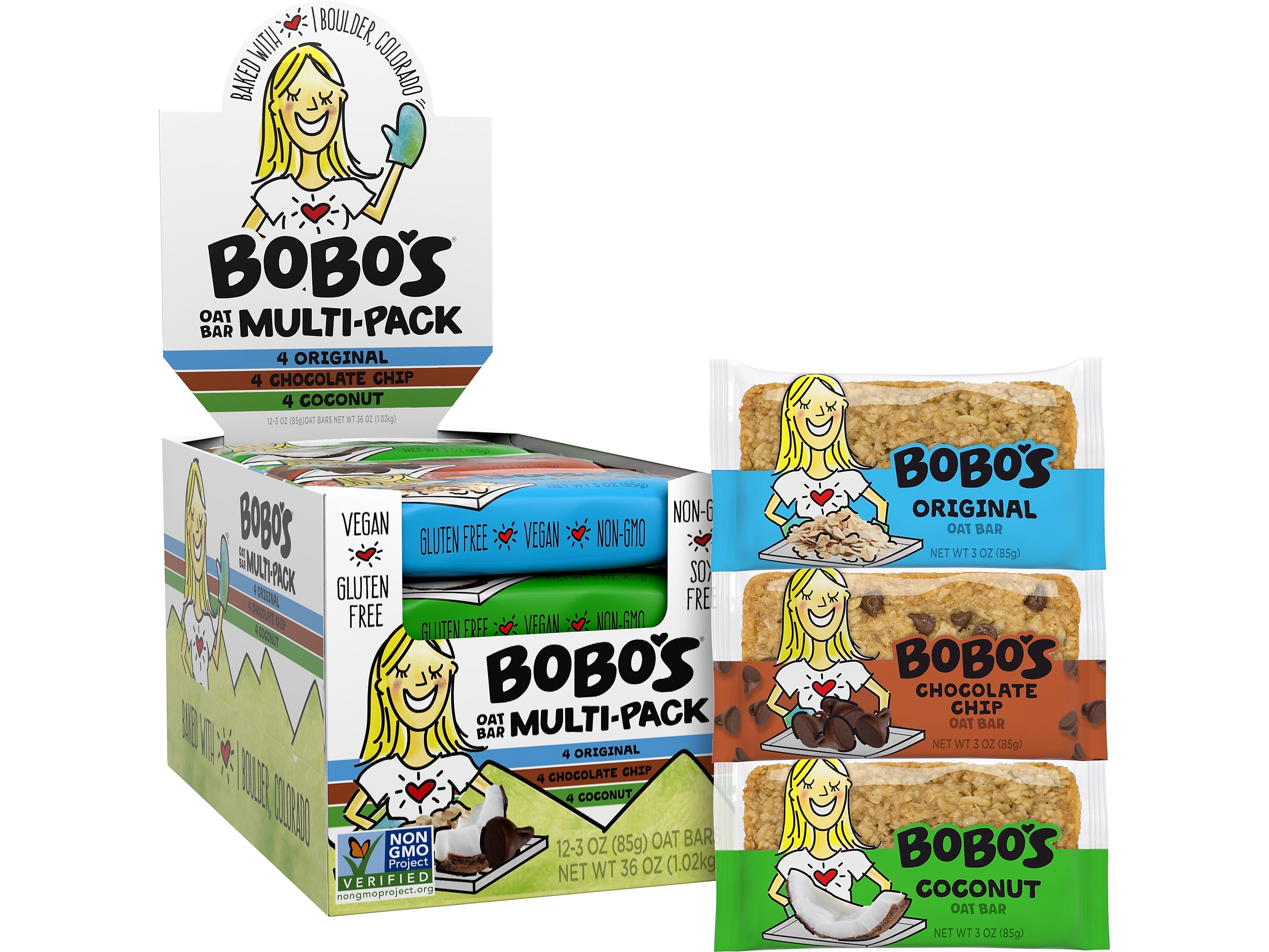Bobo's Gluten Free Coconut/Chocolate Chip/Original Granola Bar Variety Pack, 36 oz., 12 Bars/Box (BBO00098)