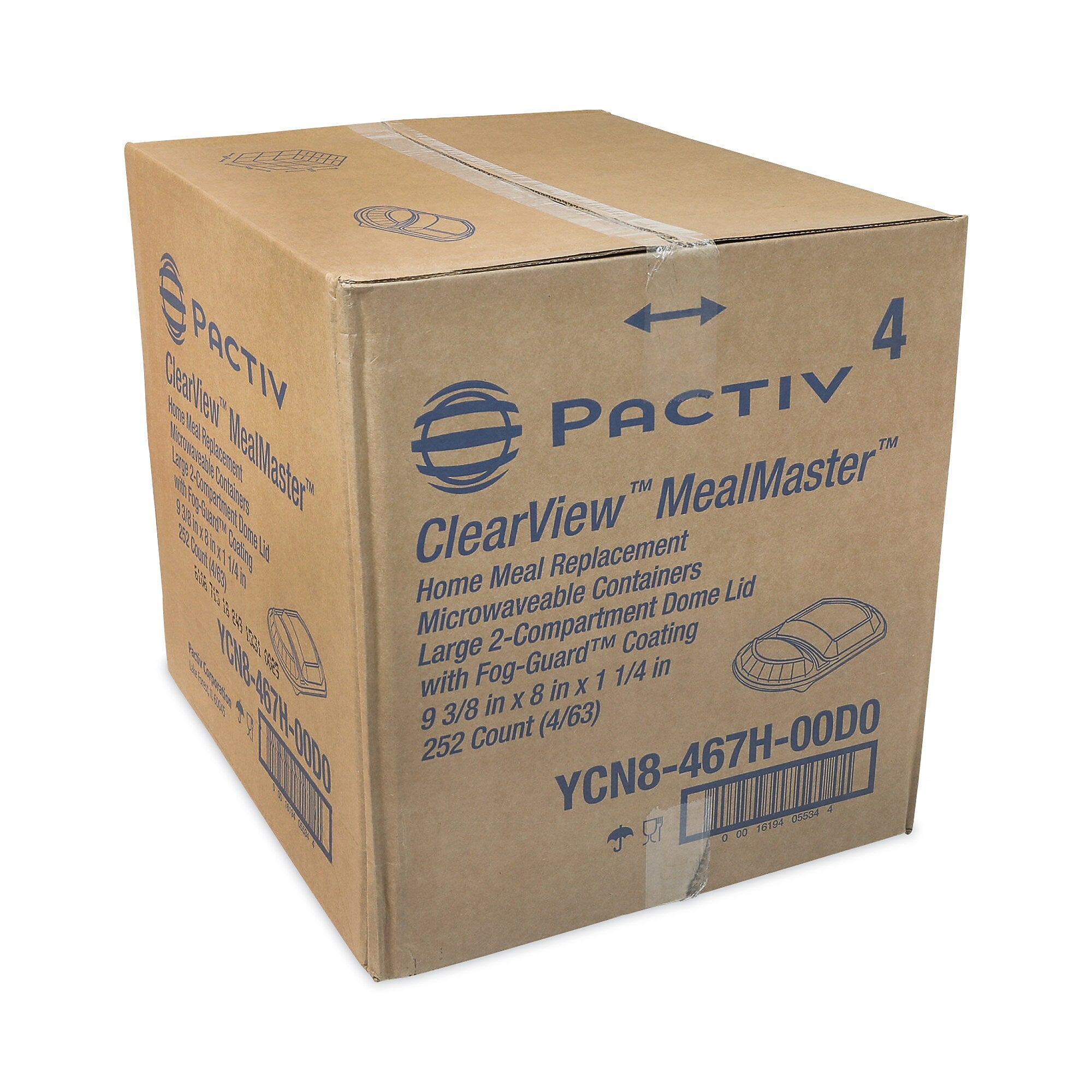 Pactiv Evergreen ClearView MealMaster Lid with Fog Gard Coating, Large 2-Compartment Dome Lid, Clear, Plastic, 252/Carton
