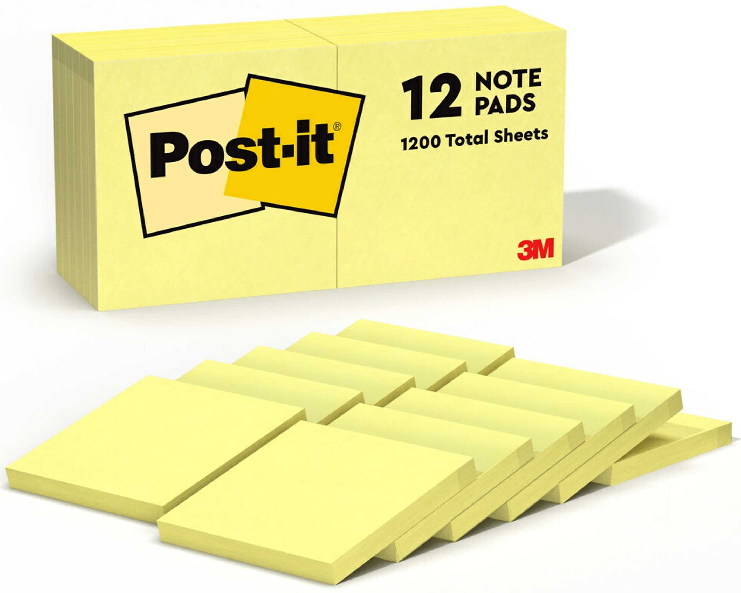Post-it Notes, 3" x 3", Canary Collection, 100 Sheet/Pad, 12 Pads/Pack (654-12YW)