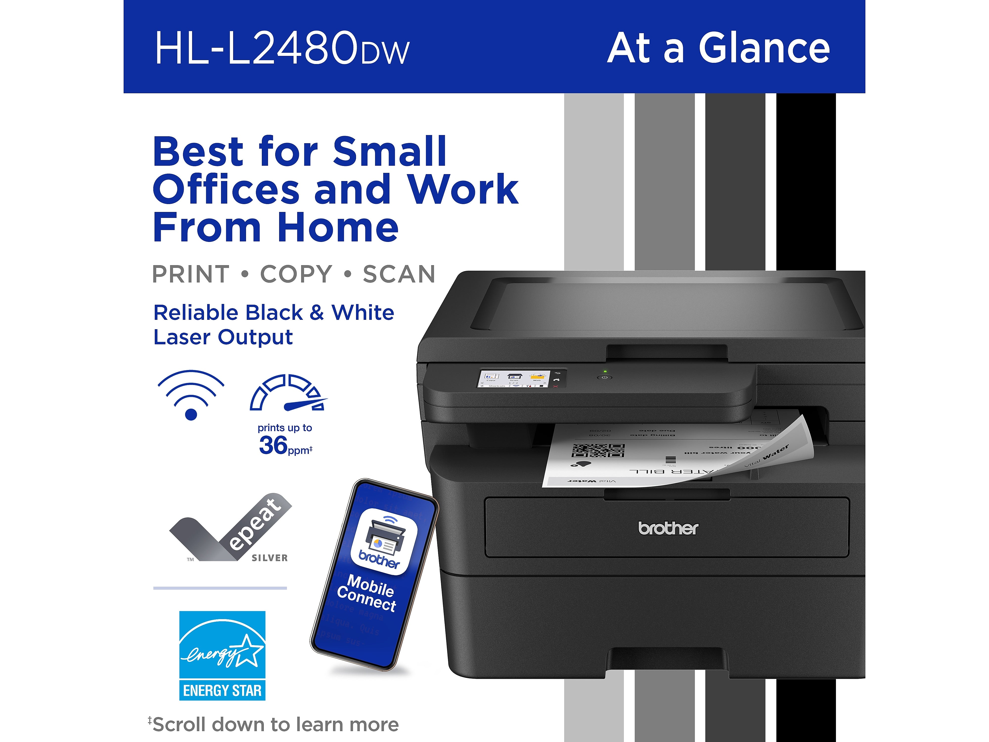 Brother HL-L2480DW Compact Wireless Black & White Laser Printer, Copy & Scan, Refresh Subscription Ready