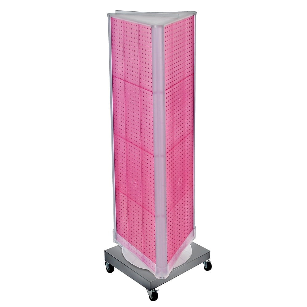Azar Displays 60”H x16”W Three-Sided Revolving Pegboard Tower Floor Display on Wheeled Metal Base, Pink (700452-PNK)