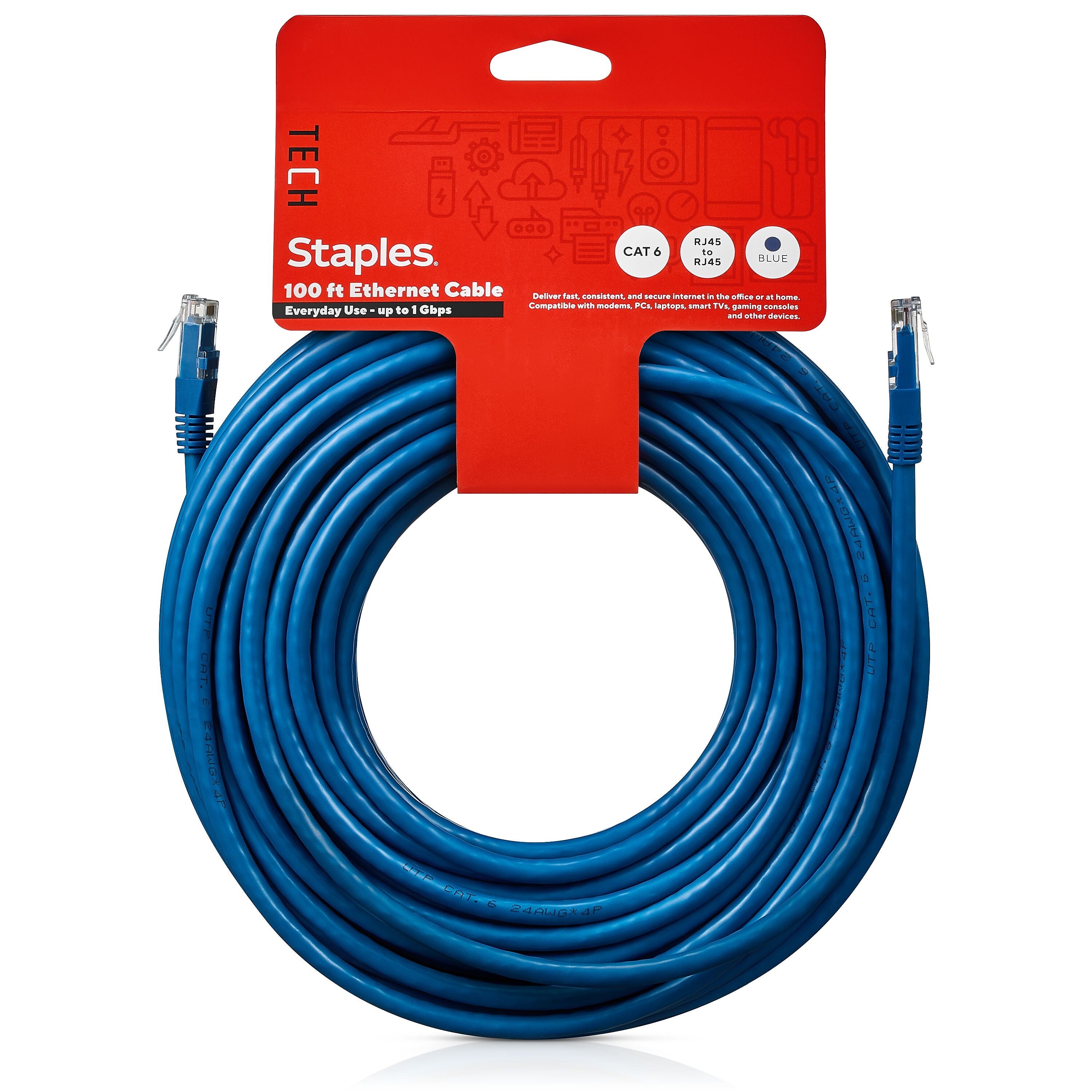 Staples TECH 100' Cat-6 Ethernet Cable, Male to Male, Blue (ST62452)