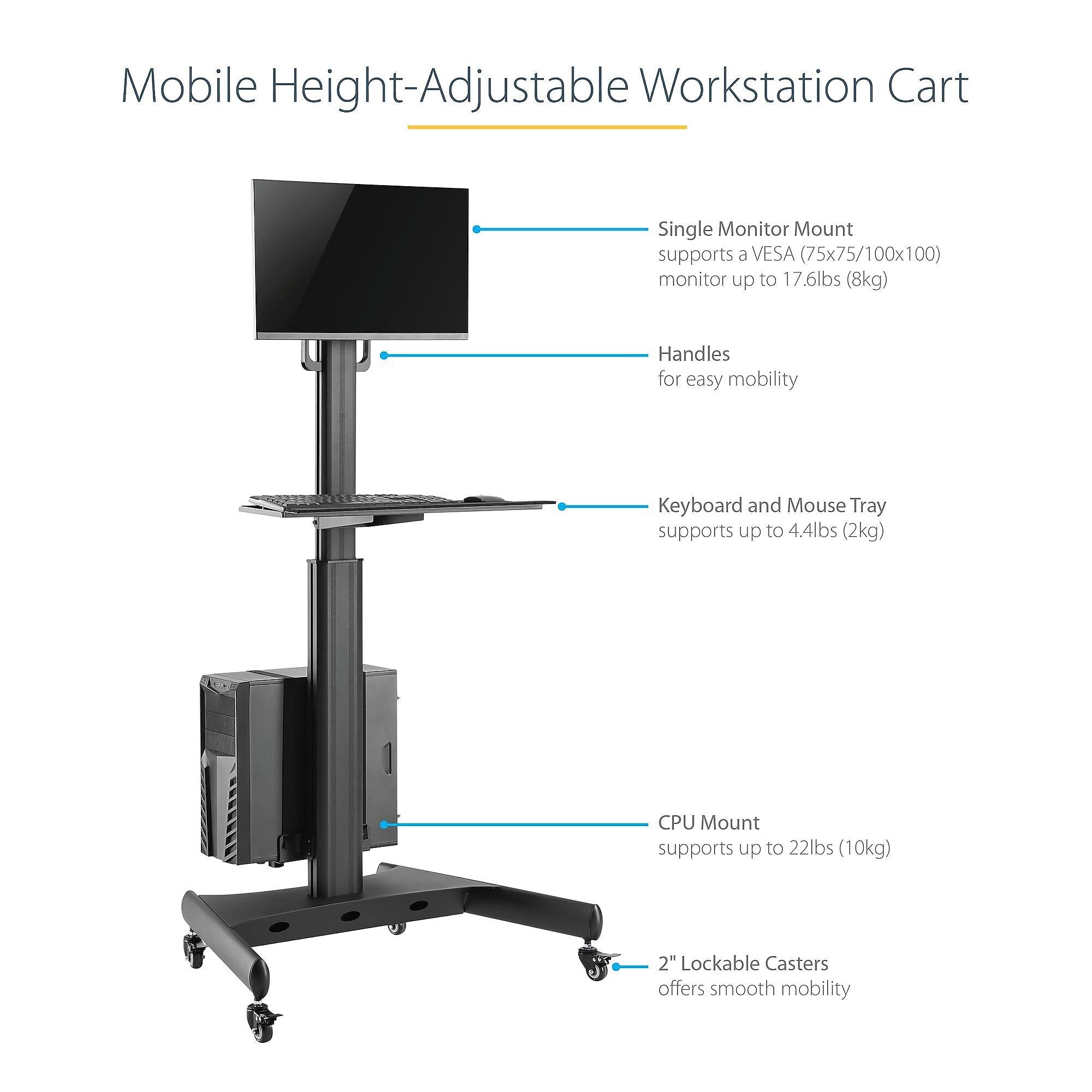 StarTech.com Adjustable Mobile Workstation Cart with Monitor Mount, 50.4" to 63", Black (WKSTNCART)