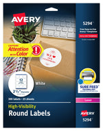 Avery High Visibility Laser Shipping Labels, 2.5"Dia., White, 300/Pack  (5294)
