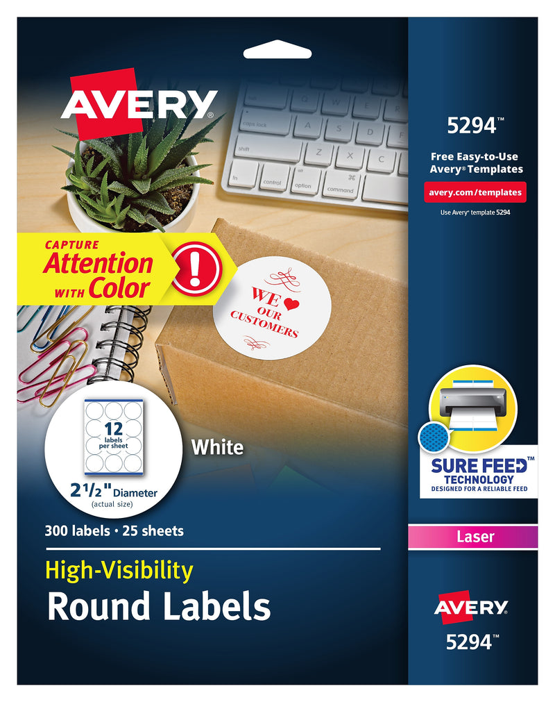 Avery High Visibility Laser Shipping Labels, 2.5"Dia., White, 300/Pack  (5294)