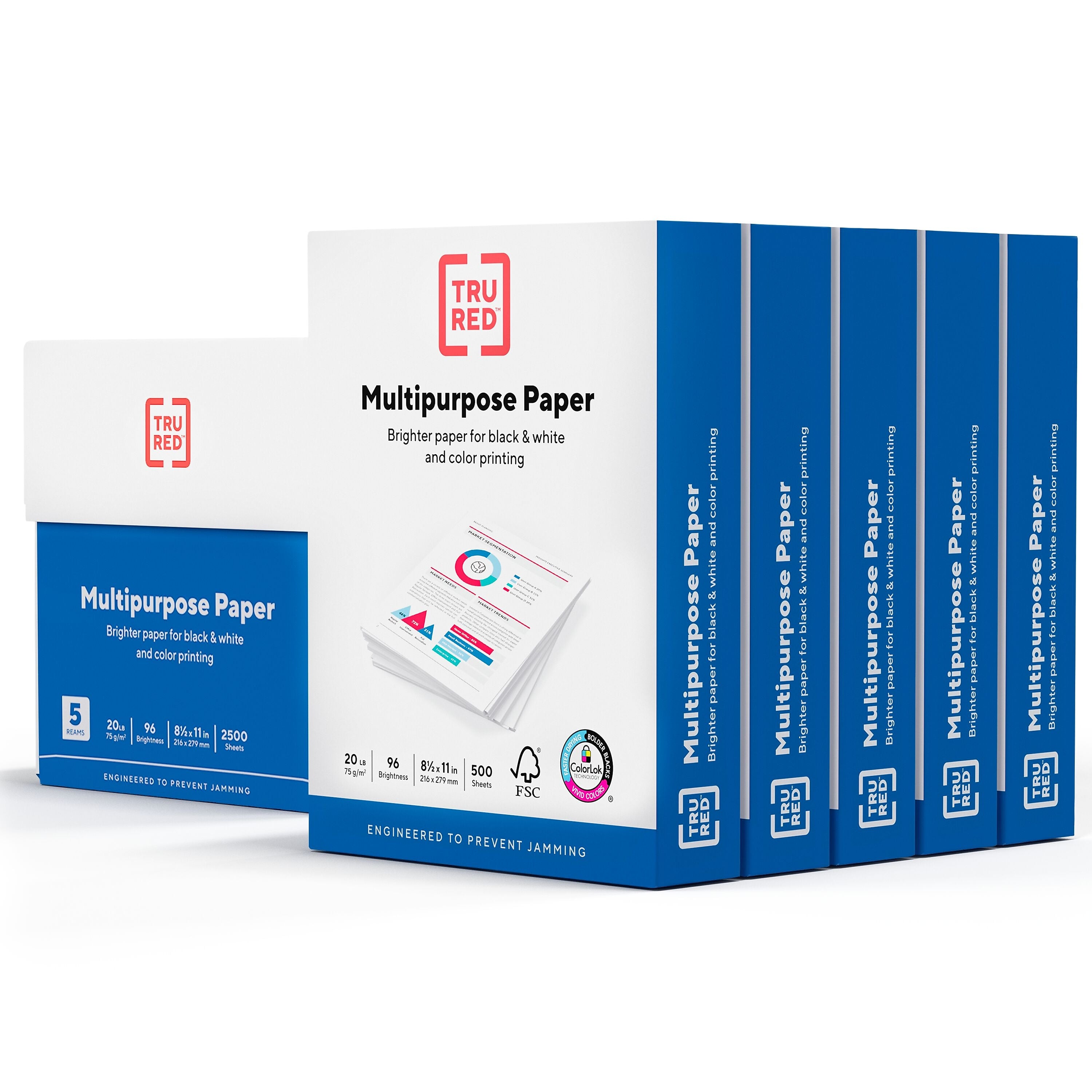 TRU RED™ 8.5" x 11" Multipurpose Paper, 20 lbs., 96 Brightness, 500 Sheets/Ream, 5 Reams/Carton (TR56963)
