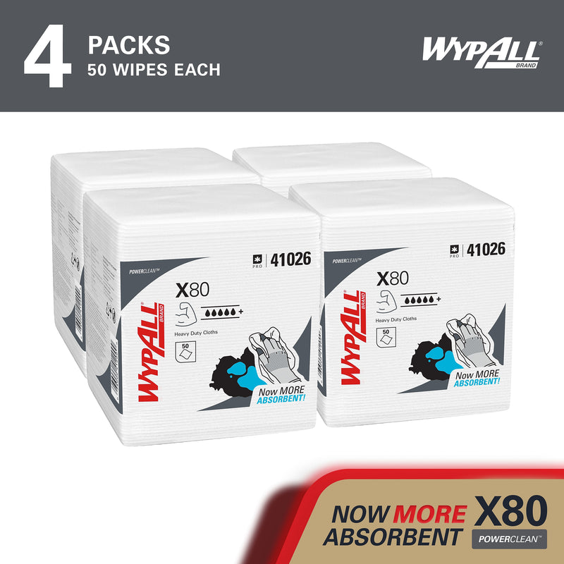 WypAll PowerClean X80 Nylon Cleaning Wipers, 12" x 12.5", White, 50 Wipers/Box, 4/Carton (41026)