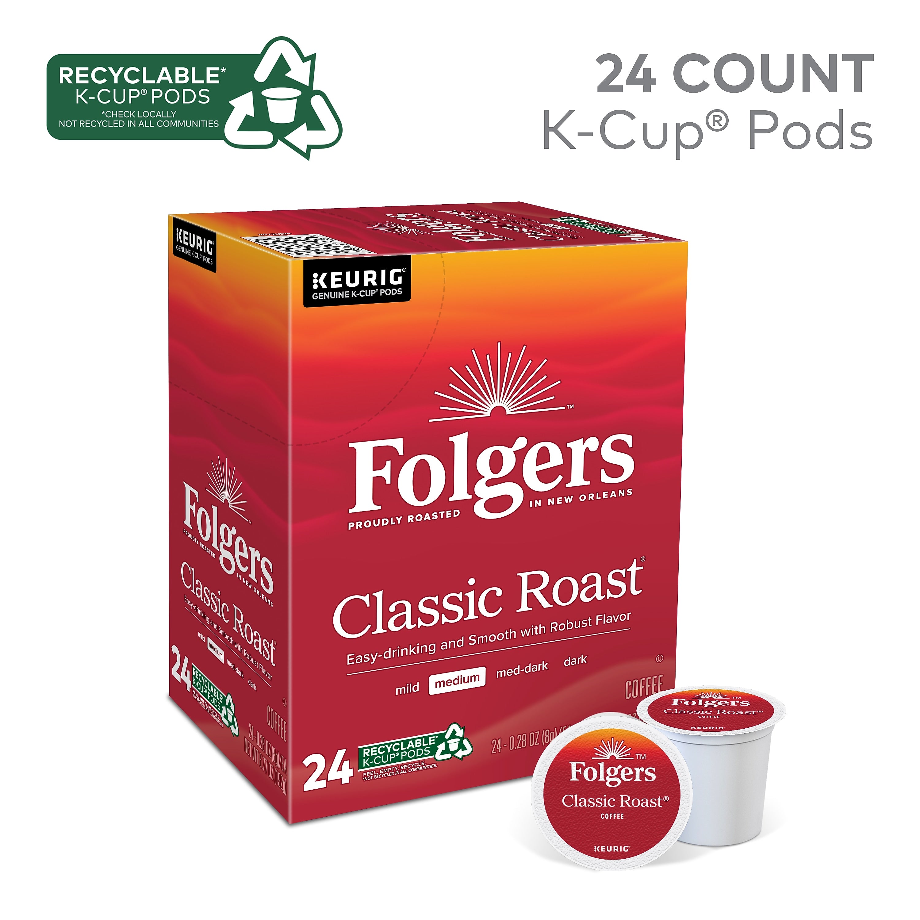 Folgers Classic Roast Coffee, Medium Roast, 0.28 oz. Keurig® K-Cup® Pods, 24/Box (6685)