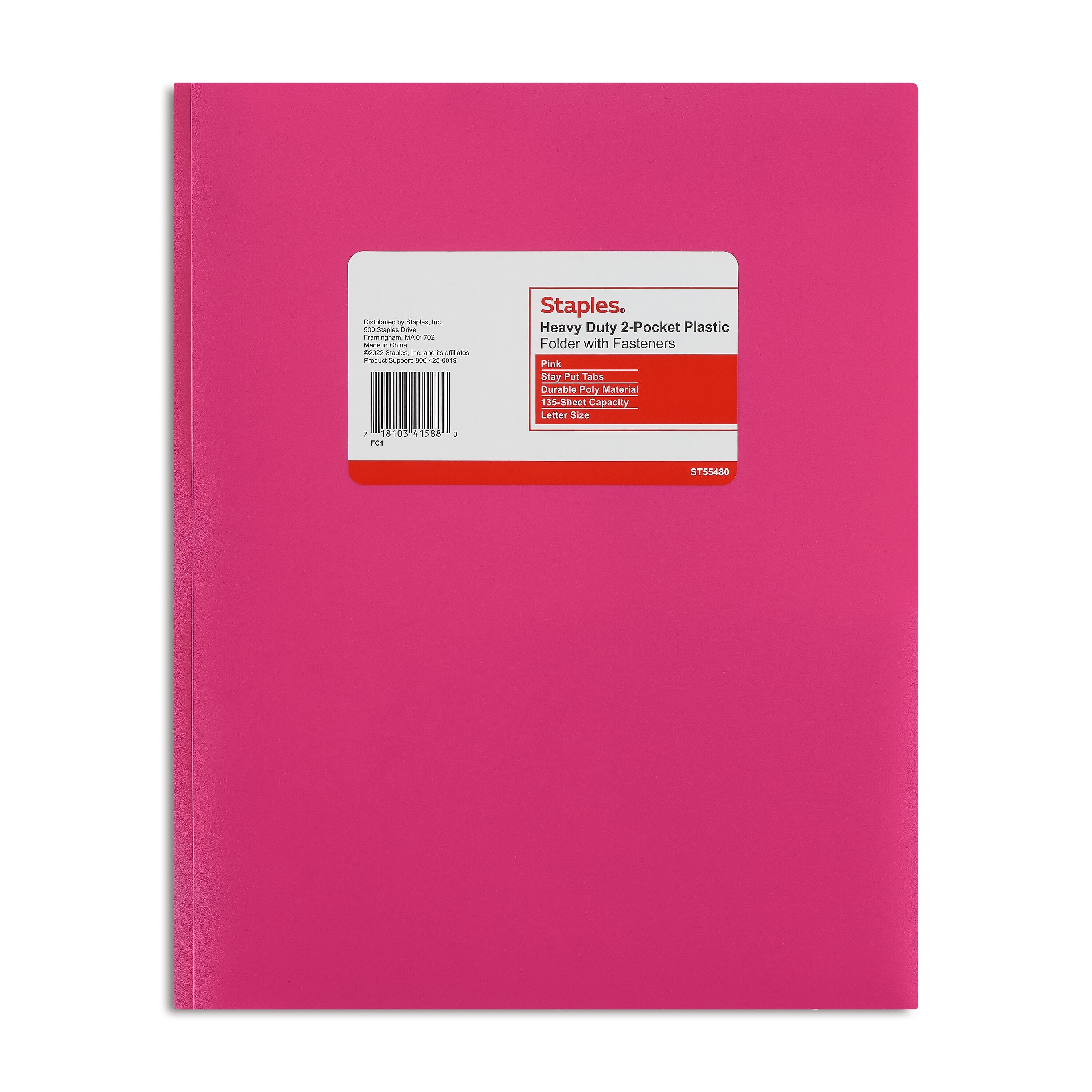 Staples Matte 2-Pocket Plastic Portfolio Folder with Fasteners, Pink (55480)