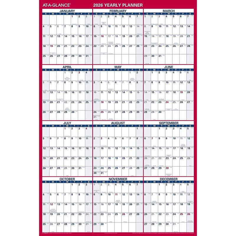 2026 AT-A-GLANCE 48" x 32" Yearly Dry Erase Wall Calendar, Reversible, White/Red (PM326-28-26)