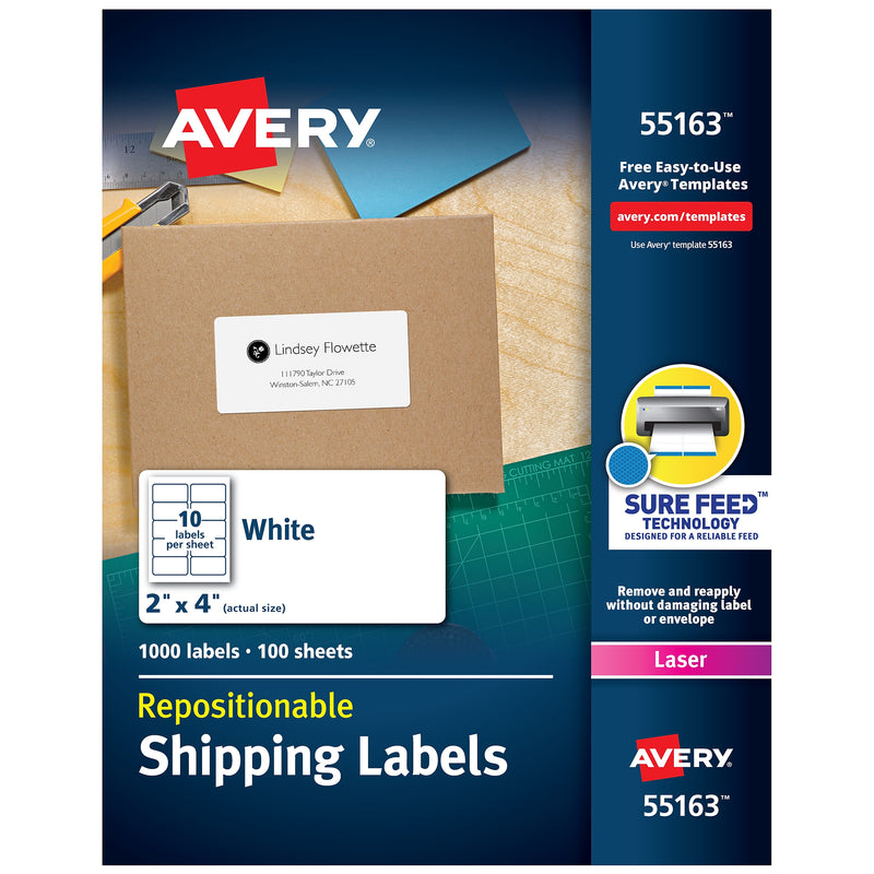 Avery Repositionable Laser Shipping Labels, 2" x 4", White, 1,000 Labels/Box (55163)