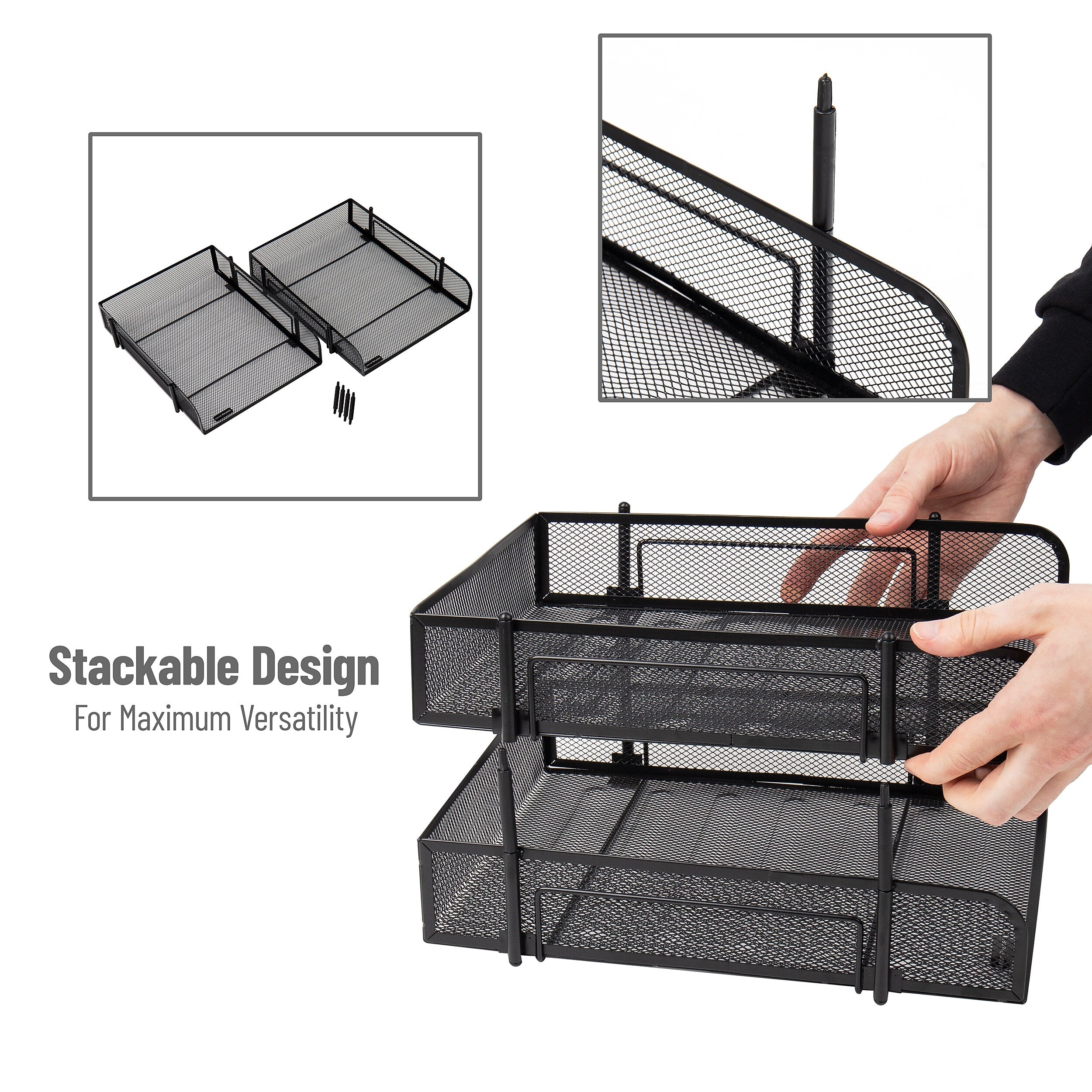 Mind Reader Metal Mesh Front Loading Stackable Letter Tray, Letter/Legal Size, Black (CSTACK2-BLK)