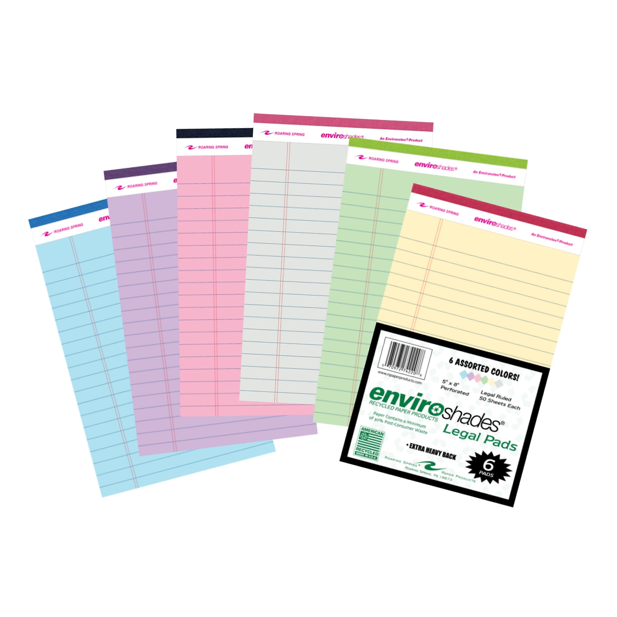 Roaring Spring Paper Products Enviroshades Notepad, 5" x 8.25", Legal Ruled, 6/Pack (74220)