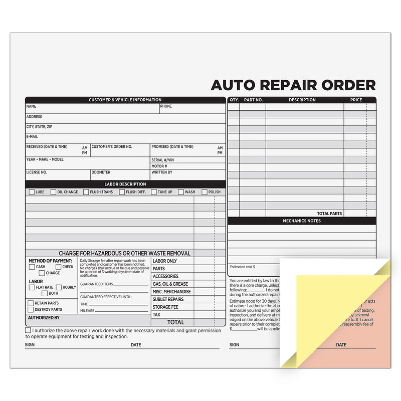 Cosco 3-Part Carbonless Auto Repair Order, 8.5" x 7.5", 50 Sets/Book (074035PK2)