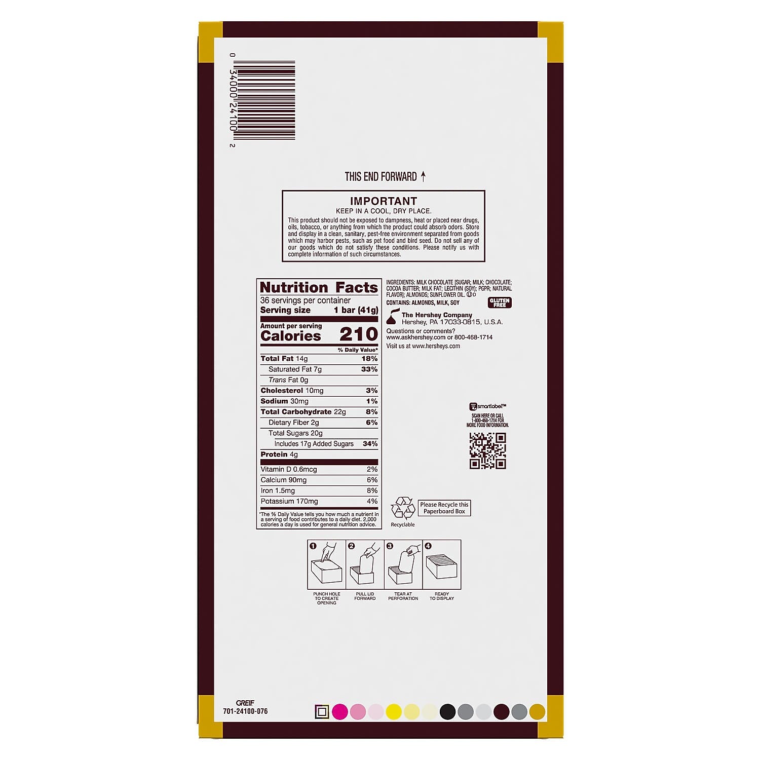 HERSHEY'S Milk Chocolate with Whole Almonds Candy Bars, 1.45 oz., 36/Box (HEC24100)