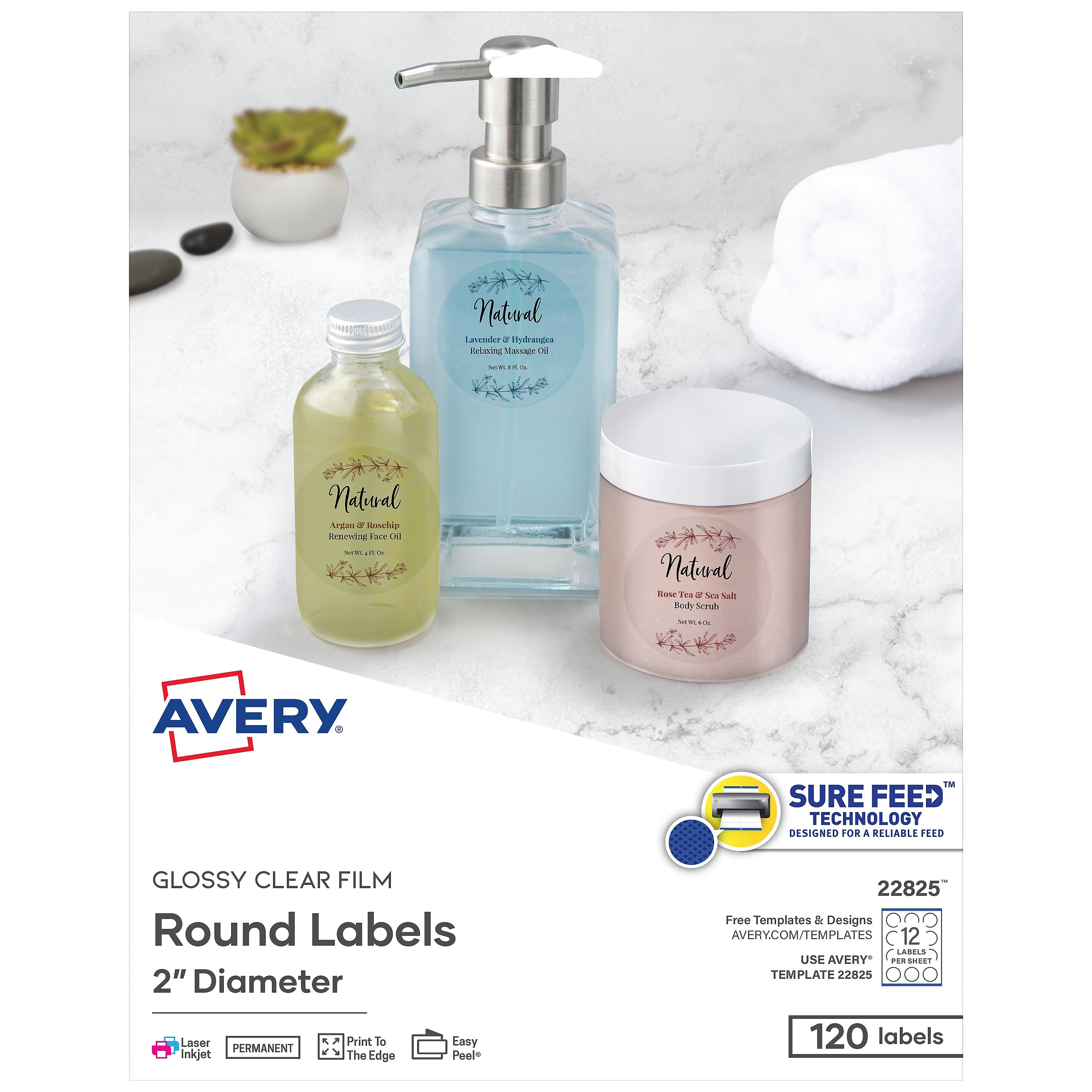 Avery Print-to-the-Edge Laser/Inkjet Round Labels, 2" Dia, Glossy Clear, 120 Labels/Pack (22825)