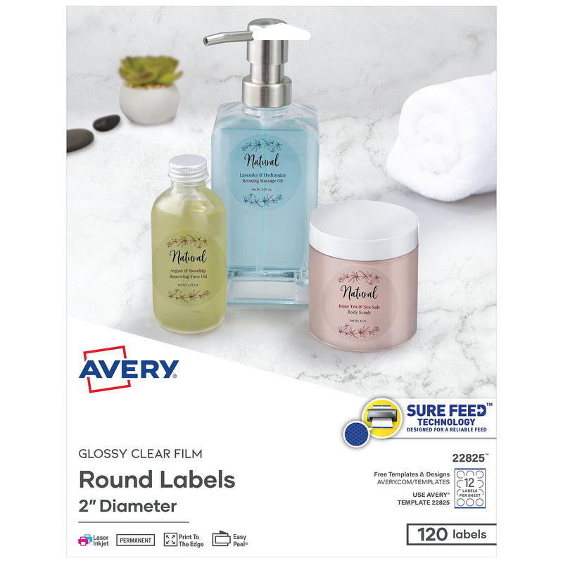 Avery Print-to-the-Edge Laser/Inkjet Round Labels, 2" Dia, Glossy Clear, 120 Labels/Pack (22825)