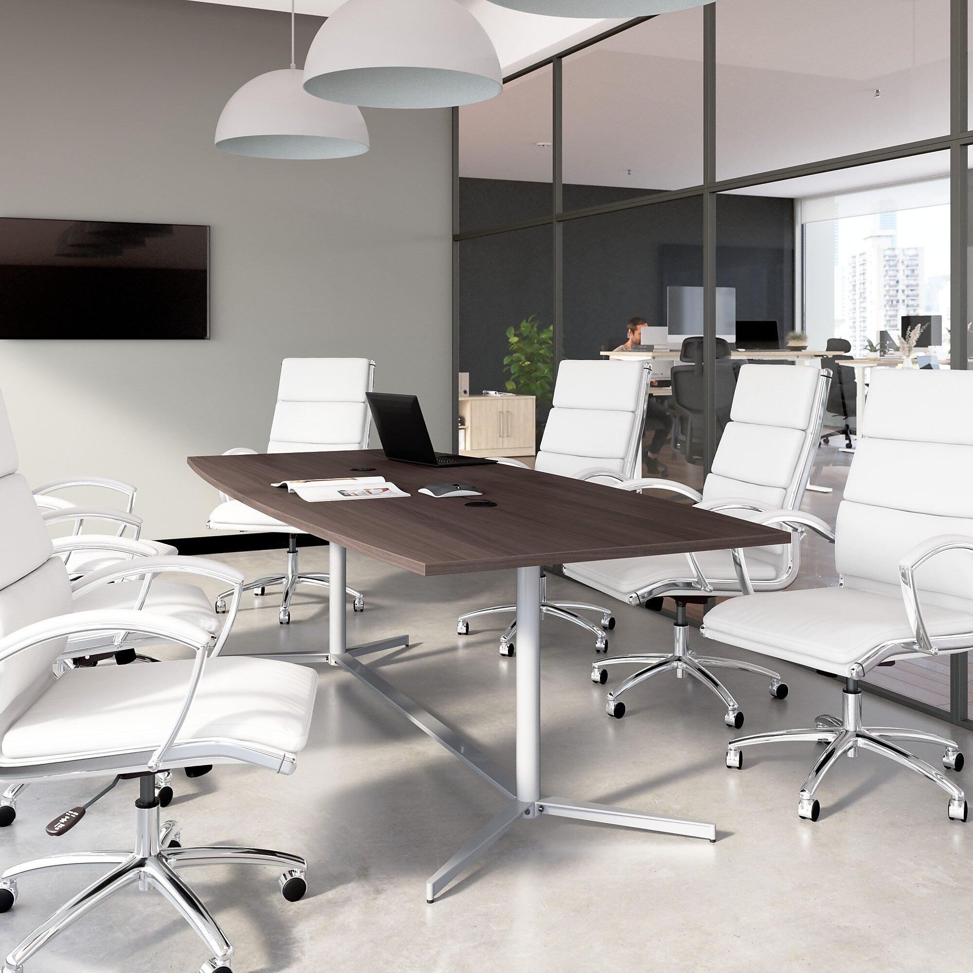 Bush Business Furniture 96W x 42D Boat Shaped Conference Table with Metal Base, Storm Gray (99TBM96SGSVK)