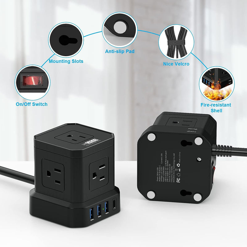 Uncaged Ergonomics Cube 5-Outlet 4-USB Port Surge Protector, 10', Black (PC-b-c)