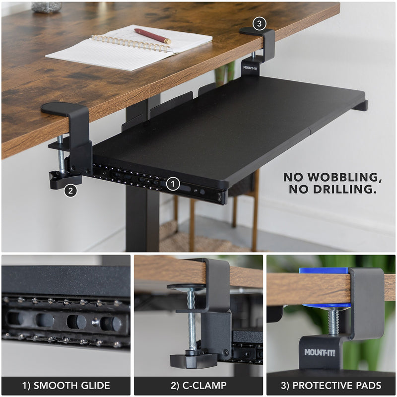 Mount-It! Adjustable 24"W Clamp-On Keyboard and Mouse Tray, Black (MI-7180)