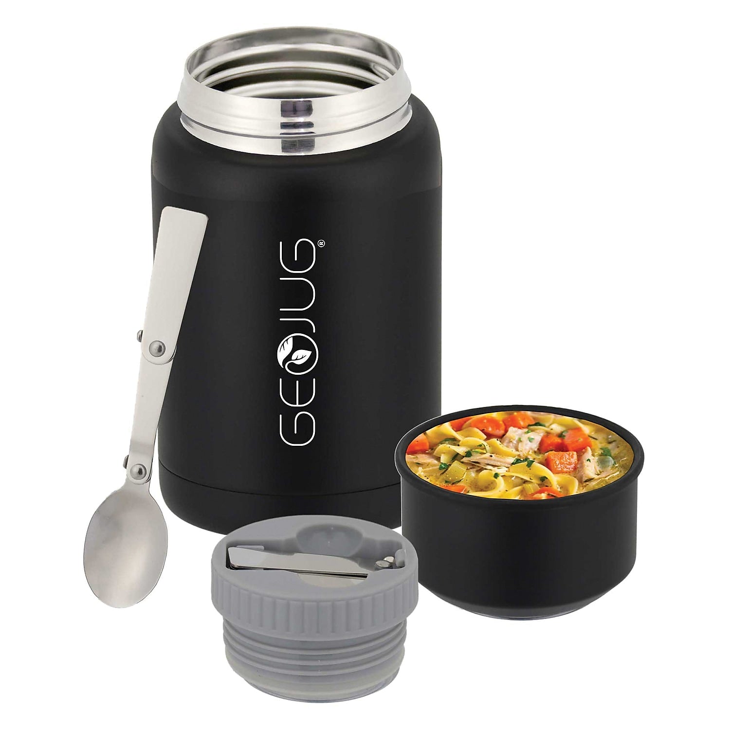 Brentwood Geojug Stainless Steel Double Walled Food Jar with Bowl & Folding Spoon, 17 oz., Black (FTS-500BK)