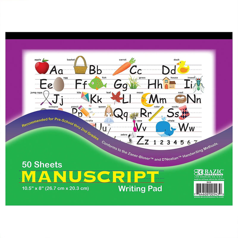 Bazic Handwriting Practice Paper, 10.5" x 8", White, 50 Sheets/Pad, 12 Pads/Bundle (BAZ543-12)