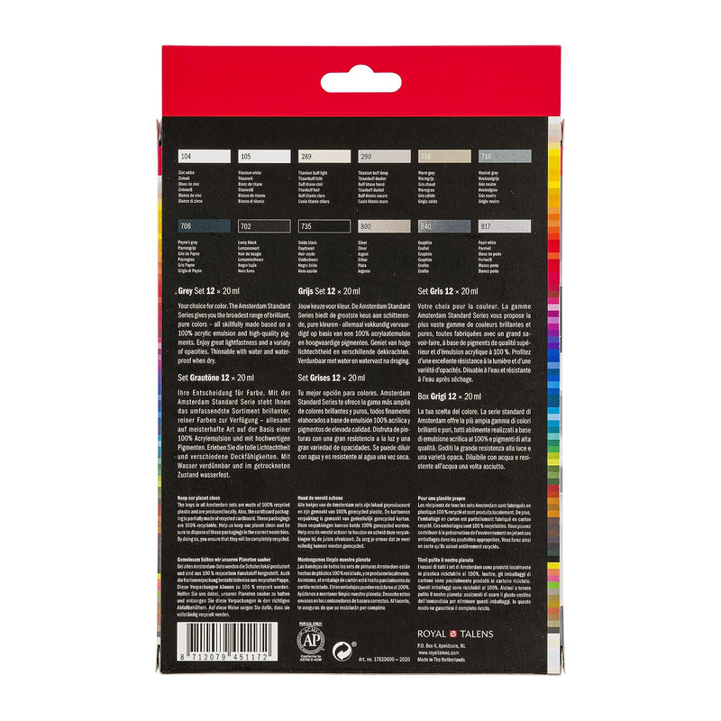 Amsterdam Greys Acrylic Paint, Assorted Colors, 12/Pack (AMS17820600)