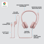 Logitech H390 Wired Headset For PC/Laptop, Rose Noise Canceling Stereo Computer Headset, USB-A (981-001280)