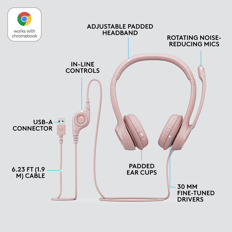 Logitech H390 Wired Headset For PC/Laptop, Rose Noise Canceling Stereo Computer Headset, USB-A (981-001280)