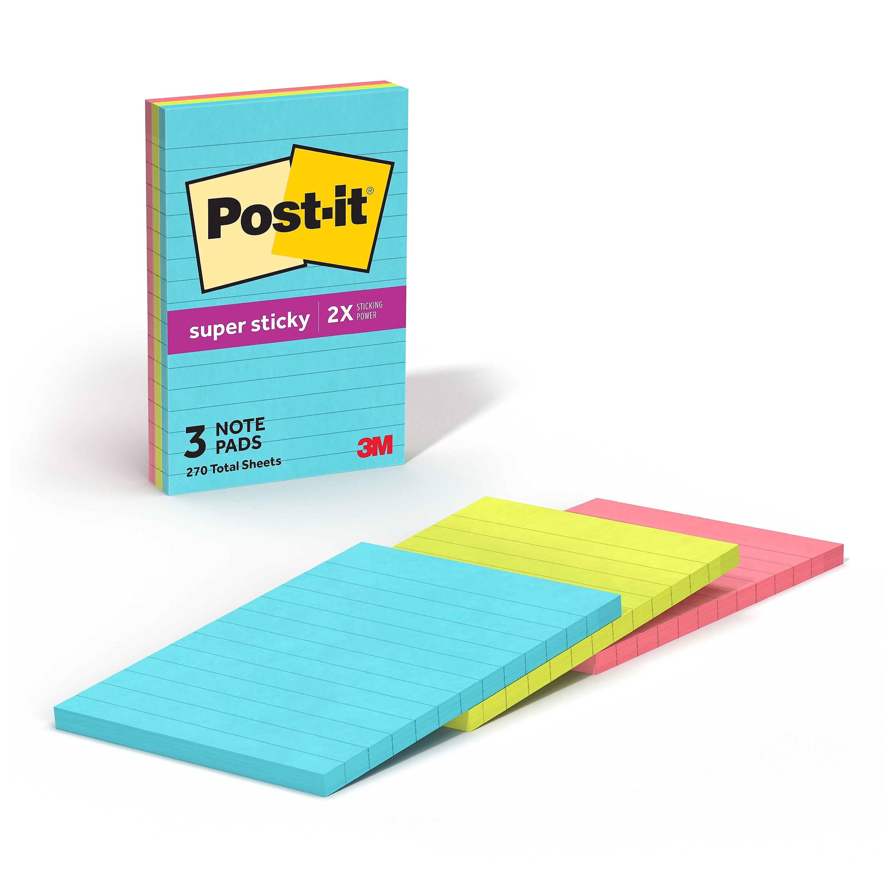 Post-it Super Sticky Notes, 4" x 6", Supernova Neons Collection, Lined, 90 Sheet/Pad, 3 Pads/Pack (660-3SSMIA)